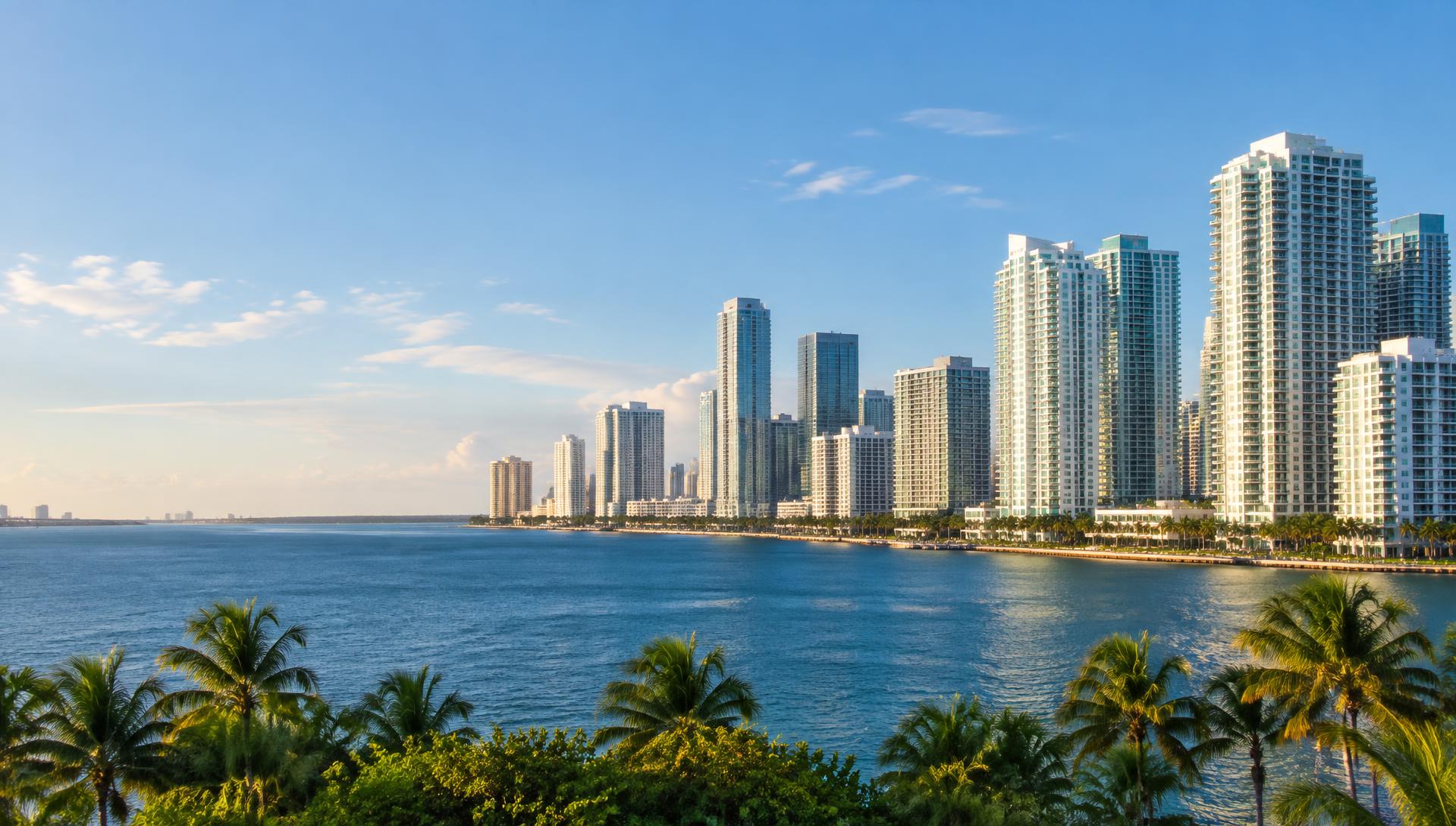 Sunlit skyline and palms across the waterfront